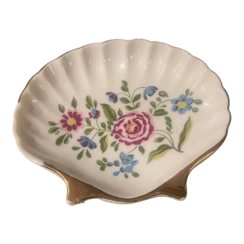 Enesco clam shell trinket soap dish leaves & flowers Red Vintage